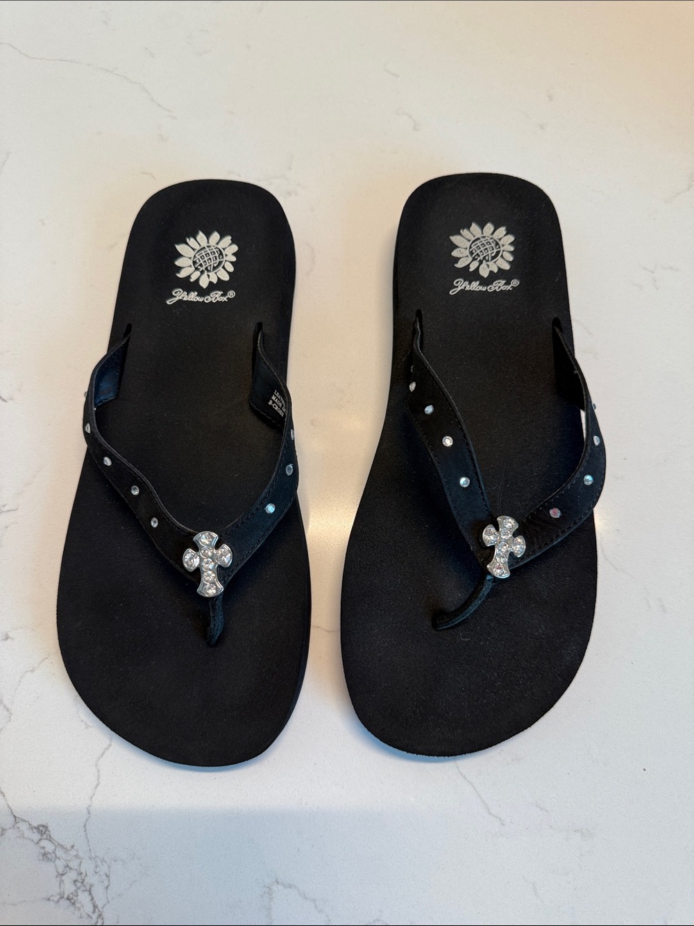 Yellow Box Black Crystal Cross Thong Sandals